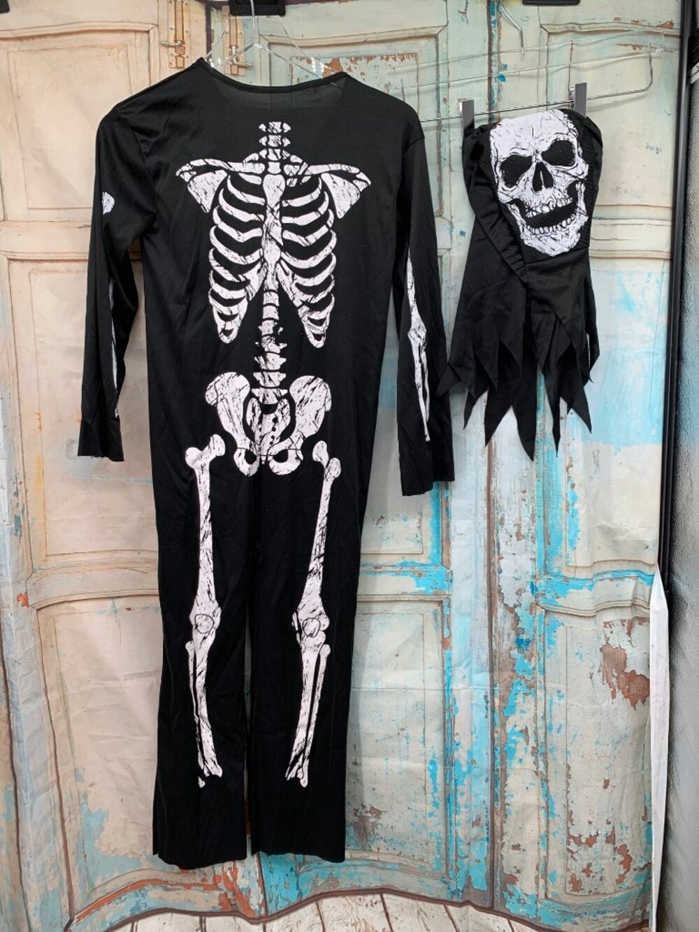 Skeleton Phantom Boys Costume Medium 8-10 Bone Print Jumpsuit & Hood With Face M